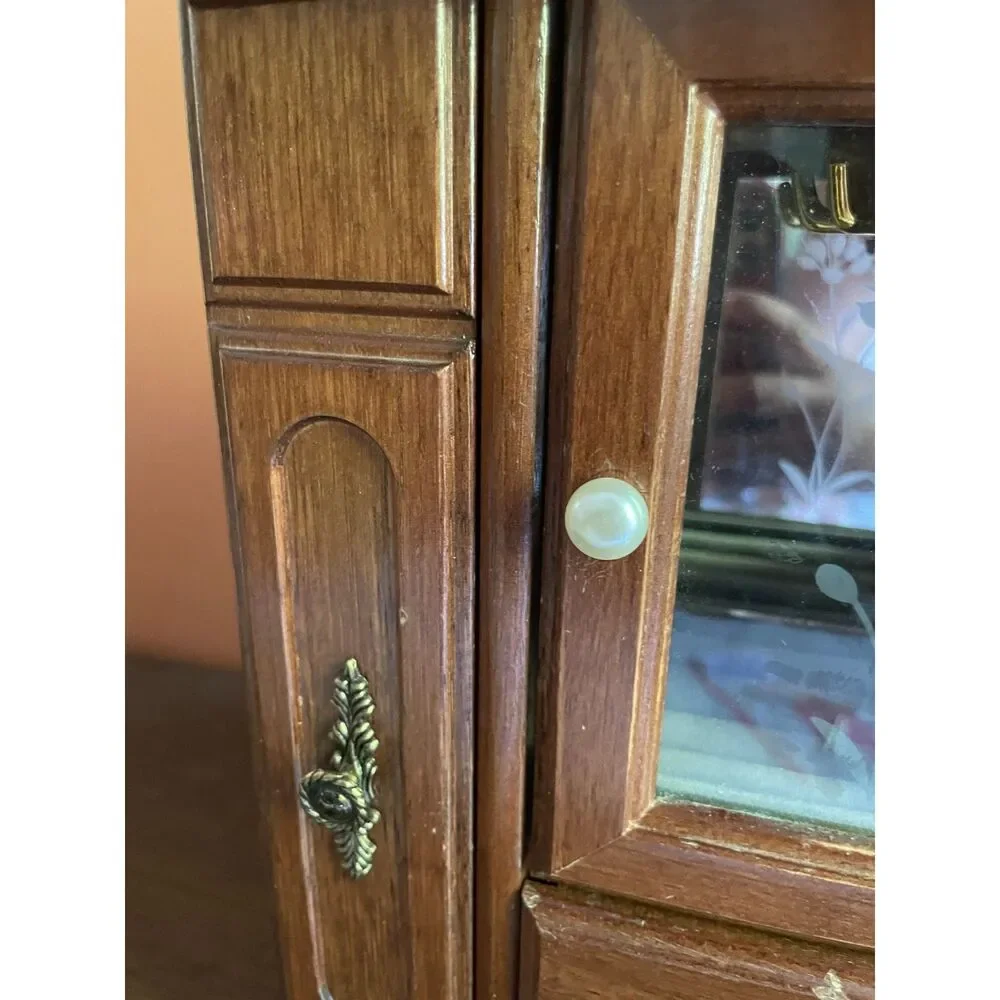 Vintage Wooden Jewelry Armoire Floral Glass Mirror Necklace Carousel Drawers